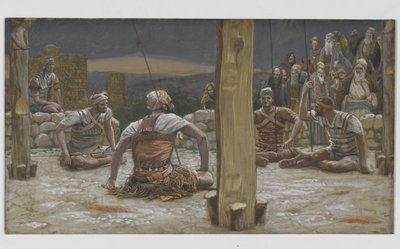Czterech strażników usiadło i obserwowało go, ilustracja z Życia naszego Pana Jezusa Chrystusa, 1886-94 (wc nad grafitem na papierze) autorstwa James Jacques Joseph Tissot