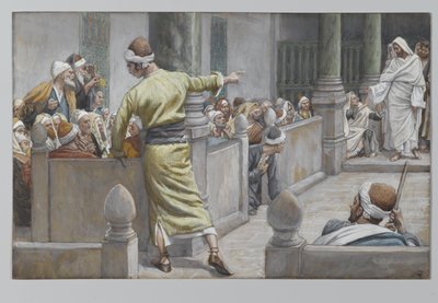 Uzdrowiony ślepiec opowiada Żydom swoją historię, ilustracja z Życia naszego Pana Jezusa Chrystusa, 1886-96 (wc nad grafitem na papierze) autorstwa James Jacques Joseph Tissot