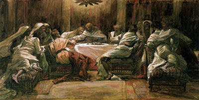 Ostatnia Wieczerza. Judasz zanurzający rękę w naczyniu, ilustracja do Życia Chrystusa, ok. 1884-96 (toaleta i gwasz na tekturze) autorstwa James Jacques Joseph Tissot