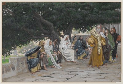 Faryzeusze i saduceusze przychodzą kusić Jezusa, ilustracja z Życia naszego Pana Jezusa Chrystusa, 1886-94 (wc nad grafitem na papierze) autorstwa James Jacques Joseph Tissot