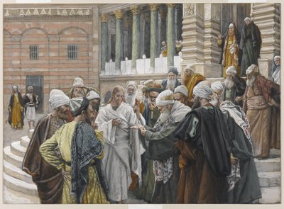 Pieniądz hołdowy, ilustracja z Życia naszego Pana Jezusa Chrystusa, 1886-94 (wc nad grafitem na papierze) autorstwa James Jacques Joseph Tissot