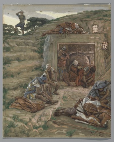 Straż nad grobem, ilustracja z Życia naszego Pana Jezusa Chrystusa, 1886-94 (wc nad grafitem na papierze) autorstwa James Jacques Joseph Tissot