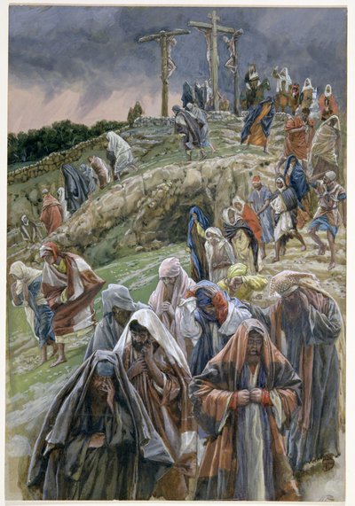 Ludzie widząc dokonane rzeczy bili się w piersi, ilustracja do Życia Chrystusa, ok. 1886-96 (gwasz na tekturze) autorstwa James Jacques Joseph Tissot
