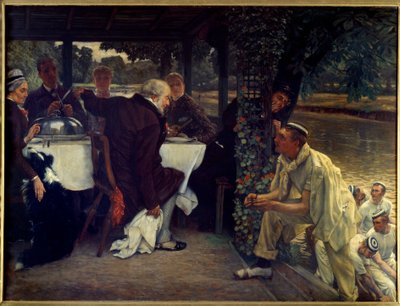 Powrót syna marnotrawnego: tłuste cielę Współczesna adaptacja Przypowieści o powrocie syna marnotrawnego do skruszonego ojca. Obraz Jacquesa Josepha (Jacques-Joseph) Tissot z Jamesem Tissot (1836-1902) 1880 Nd. 1x1,3 m Nantes, musee des Beaux autorstwa James Jacques Joseph Tissot
