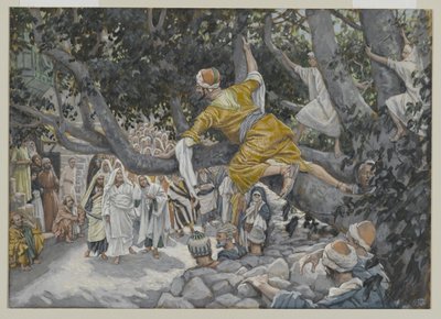 Zacheusz w sykomorze w oczekiwaniu na przejście Jezusa, ilustracja z Życia Pana naszego Jezusa Chrystusa, 1886-96 (wc nad grafitem na papierze) autorstwa James Jacques Joseph Tissot