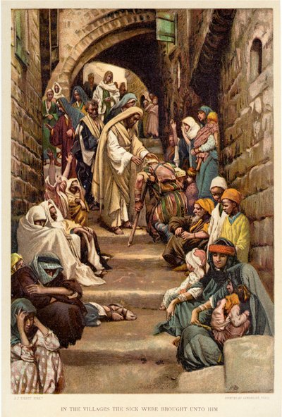 W wioskach przyprowadzano do niego chorych - Biblia autorstwa James Jacques Joseph after Tissot