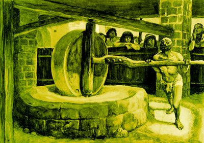 Samson obraca młyn w więzieniu - Biblia autorstwa James Jacques Joseph after Tissot