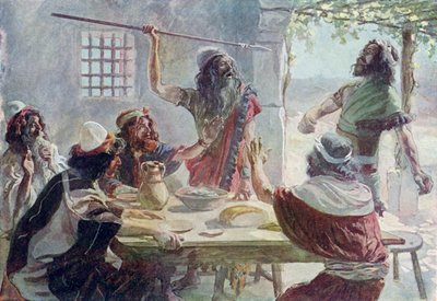 Saul rzuca oszczepem w Jonatana - Biblia autorstwa James Jacques Joseph after Tissot