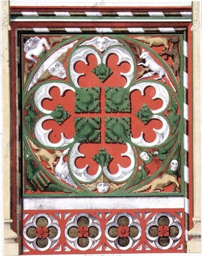Szczegóły namalowanego lektorium w kościele Dickleburgh, Norfolk, z „Gotyckie ozdoby”, grawerowane przez J.R Jobbinsa autorstwa James Kellaway (after) Colling
