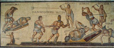 Rzymska mozaika przedstawiająca gladiatorów walczących różnymi rodzajami broni. Galleria Borghese... autorstwa James L Stanfield