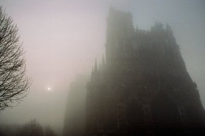 Widok na katedrę Notre-Dame w Amiens w porannej mgle. KATEDRA NOTRE-DAME, AMIENS,... autorstwa James L Stanfield