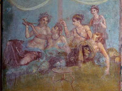 Fresk przedstawiający rzymską klasę wyższą w luksusie cieszącą się życiem odkryty w Pompejach. Pompeje, Włochy. autorstwa James L Stanfield