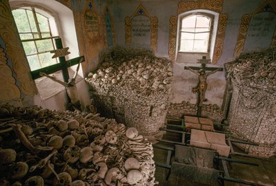 Ludzkie kości z XVIII-wiecznych wojen między Austrią i Prusami. Niżków, Republika Czeska. autorstwa James L Stanfield