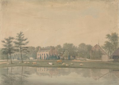 Północno-wschodni widok na dom w Ringmer z bydłem i owcami nad stawem autorstwa James Lambert  of Lewes