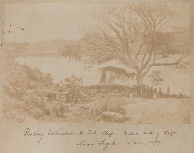 Czytanie ultimatum dla wodzów Zulu po Natalskiej stronie Drift Lower Tugela, 11 grudnia 1878 autorstwa James Lloyd