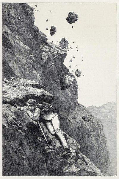 Kanonada na Matterhorn, z Wyścigów wśród Alp w latach 1860-69, wyd. 1871 (grawerowanie) autorstwa James Mahoney