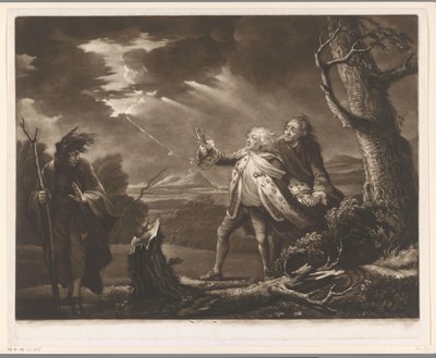 David Garrick jako Król Lear z hrabią Kentu i Edgarem przebranym za Toma w burzliwym krajobrazie autorstwa James McArdell