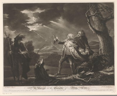David Garrick jako Król Lear z hrabią Kentu i Edgarem przebranym za Toma w burzliwym krajobrazie Pan. Garrick w postaci króla Leara (tytuł na obiekcie) autorstwa James McArdell