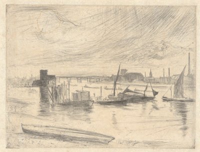 Świt Battersea (molo Cadogan), z zestawu Tamizy (seria szesnastu rycin przedstawiających sceny nad Tamizą i inne tematy) autorstwa James Abbott McNeill Whistler
