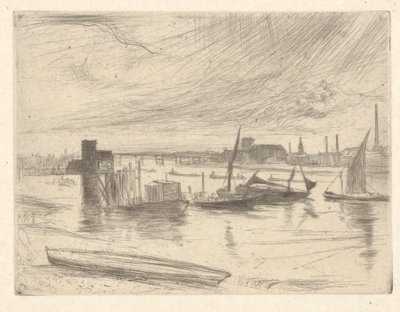 Świt Battersea (molo Cadogan), z zestawu Tamizy (seria szesnastu rycin przedstawiających sceny nad Tamizą i inne tematy) autorstwa James Abbott McNeill Whistler