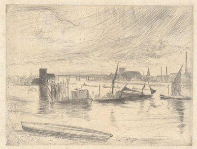 Świt w Battersea (molo Cadogan), z cyklu Tamiza (seria szesnastu akwafort przedstawiających sceny nad Tamizą i inne tematy) autorstwa James McNeill Whistler