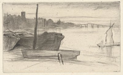 Chelsea Bridge and Church, z zestawu Tamizy (seria szesnastu rycin przedstawiających sceny nad Tamizą i inne tematy) autorstwa James Abbott McNeill Whistler