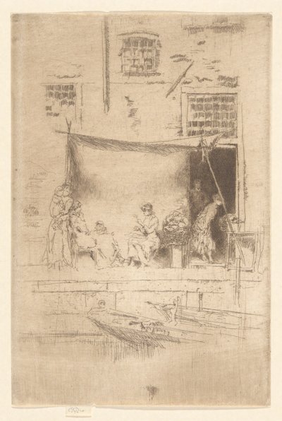 Stoisko z owocami, z drugiego zestawu weneckiego (zestaw dwudziestu sześciu akwafort) autorstwa James Abbott McNeill Whistler
