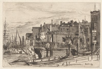 Thames Police (Wapping Wharf), z zestawu Tamizy (seria szesnastu rycin przedstawiających sceny nad Tamizą i inne tematy) autorstwa James Abbott McNeill Whistler