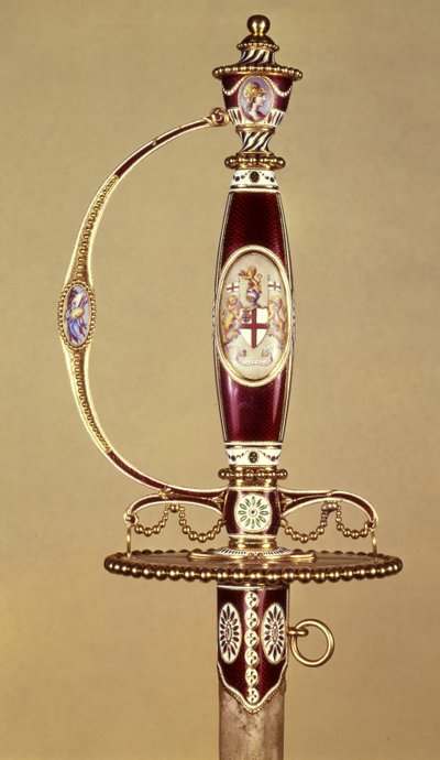 Rękojeść miecza podarowana pułkownikowi Jamesowi Hartleyowi (1745-99) przez Kompanię Wschodnioindyjską, ustawiona przez Jamesa Morisseta (ok.1766-c.1800) ok.1780 (złoto i emalia) autorstwa James Morisset