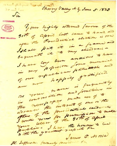 Dziękuje mu za odpowiedź 30 kwietnia, którą zamierza umieścić w ramce i zachować dla swoich dzieci. (2 strony) autorstwa James O. Morse