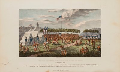 Widok wielkiego traktatu zawartego w Prairie Du Chien, wrzesień 1825 r., z The Aboriginal Portfolio autorstwa James Otto Lewis