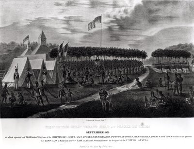Widok Wielkiego Traktatu, który odbył się w Prairie du Chien, Wisconsin, wrzesień 1825, z „Teki Aborygenów”, 1825 autorstwa James Otto Lewis