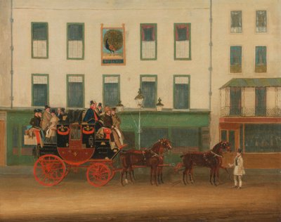 Autokar sceniczny Londyn-Manchester, „Peveril of the Peak”, przed Peacock Inn, Islington autorstwa James Pollard