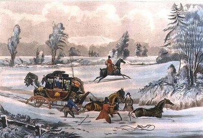 Trener pocztowy w zaspie śniegu, grawerowane przez G. Reeves, wyd. J. Watson 21.09.1825 (grafika) autorstwa James Pollard