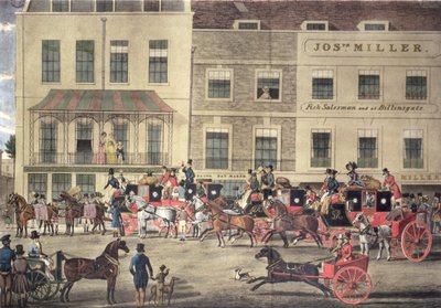 West Country Mails w Gloucester Coffee House, Piccadilly, grawerowane przez C. Rosenberga, 1828 autorstwa James Pollard