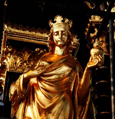 Dobroczynność, jedna z czterech cnót chrześcijańskich z baldachimem wieży Albert Memorial, ukończona w 1876 r. (brąz złocony) autorstwa James Redfern