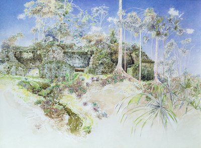 Zrujnowana świątynia, Tikal, Gwatemala, 1984 (wc na papierze) autorstwa James Reeve