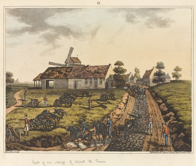 Część wsi Mont St Jean, z „Relacji historycznej z bitwy pod Waterloo”, 1817 (kolorowa akwatinta) autorstwa James Rouse