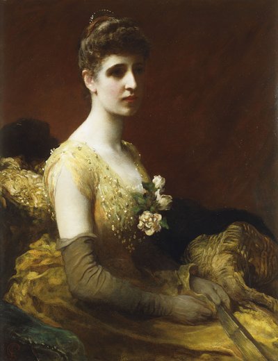 Portret Lady Dixon z Rhedy, długości 3/4, siedzącej w żółtej sukience z kwiatami trzymającymi wachlarz, autorstwa James Sant