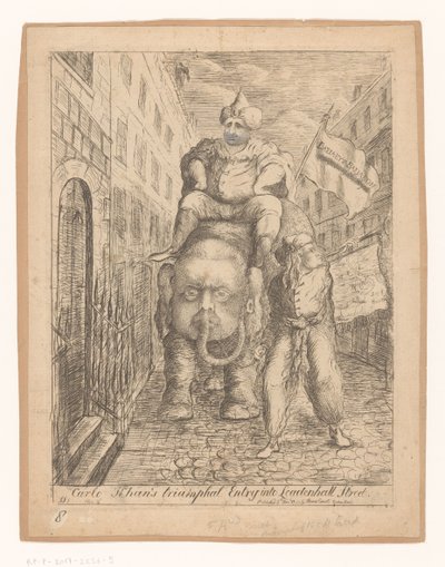 Spotprent op Charles Fox Triumfalne wejście Carlo Khana na Leadenhall Street (tytuł na obiekcie) autorstwa James Sayers