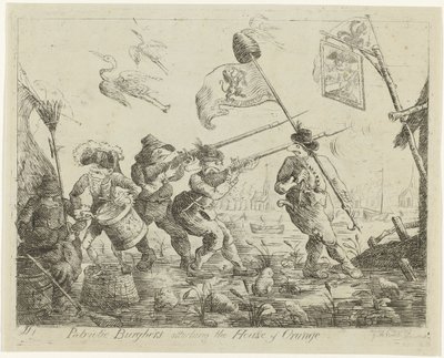 Spotprent op Goejanverwellesluis, 1787 Patriotyczni mieszczanie atakujący Dom Orange (tytuł na obiekcie) autorstwa James Sayers