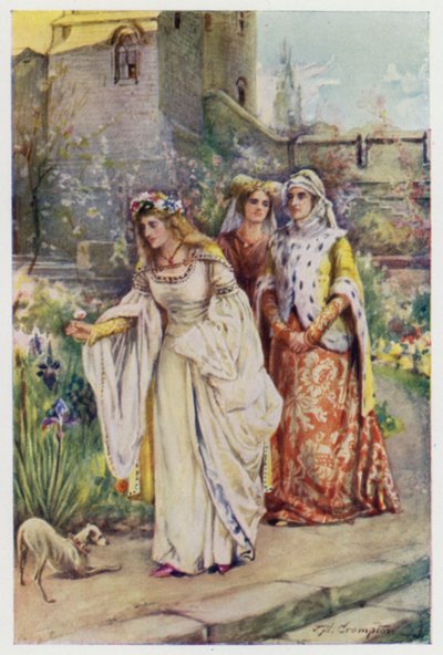 Bo tam w ogrodzie szła najpiękniejsza dama, jaką kiedykolwiek widział, scena z The Kingis Quair autorstwa James Shaw Crompton
