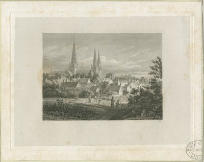 Katedra w Lichfield - widok na północny zachód (odległy): grawerowanie, nd [c 1816] (druk) autorstwa James Storer