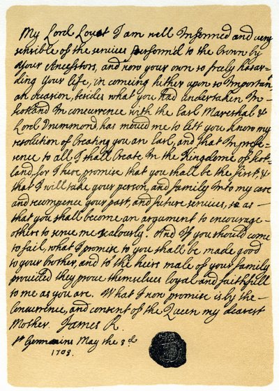List Jamesa Edwarda Stuarta do Simona Frasera, Lorda Lovata, St Germains, 3 maja 1703 r. autorstwa James Stuart