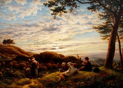 Pasterze pasący swoje stado o zachodzie słońca autorstwa James Thomas Linnell