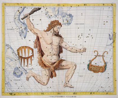 Konstelacja Herkulesa z Koroną i Lirą, tablica 21 z "Atlas Coelestis", autorstwa Johna Flamsteeda (1646-1710), wydana w 1729 r. (rycina ręcznie kolorowana) autorstwa James Thornhill