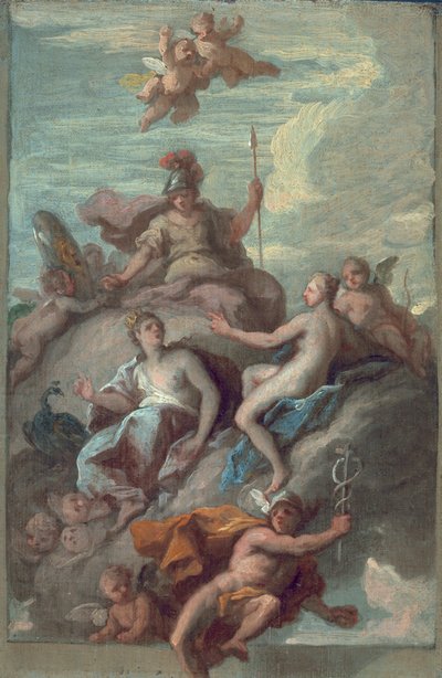 Juno, Minerwa i Wenus wysyłają Merkurego z Jabłkiem Niezgody, ok. 1718 r. autorstwa James Thornhill