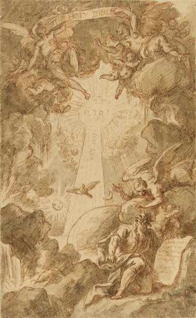 Rysunek przygotowawczy do ryciny autorstwa C. du Bosc, do Biblii Kaplicy Królewskiego Kolegium Morskiego. Praca (43x26,6 cm) autorstwa Jamesa Thornhilla (1675-1734), początek XVIII wieku. autorstwa James Thornhill