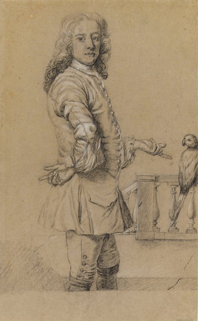 Autoportret z papugą, początek XVIII wieku (czarno-biała kredka) autorstwa James Thornhill