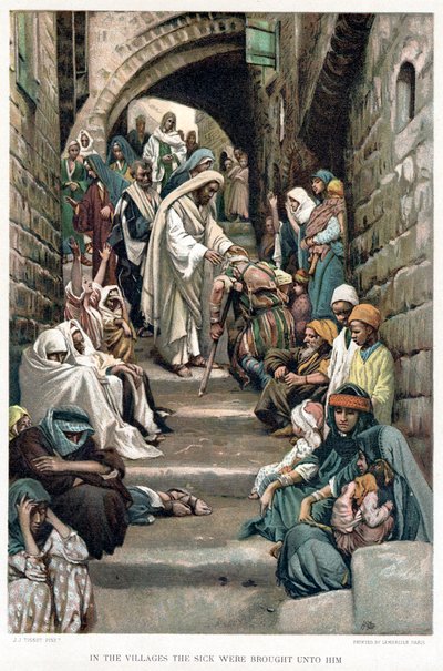 Chrystus uzdrawiający chorych przyniesiony do niego po wsiach, ok. 1890 r. autorstwa James Tissot